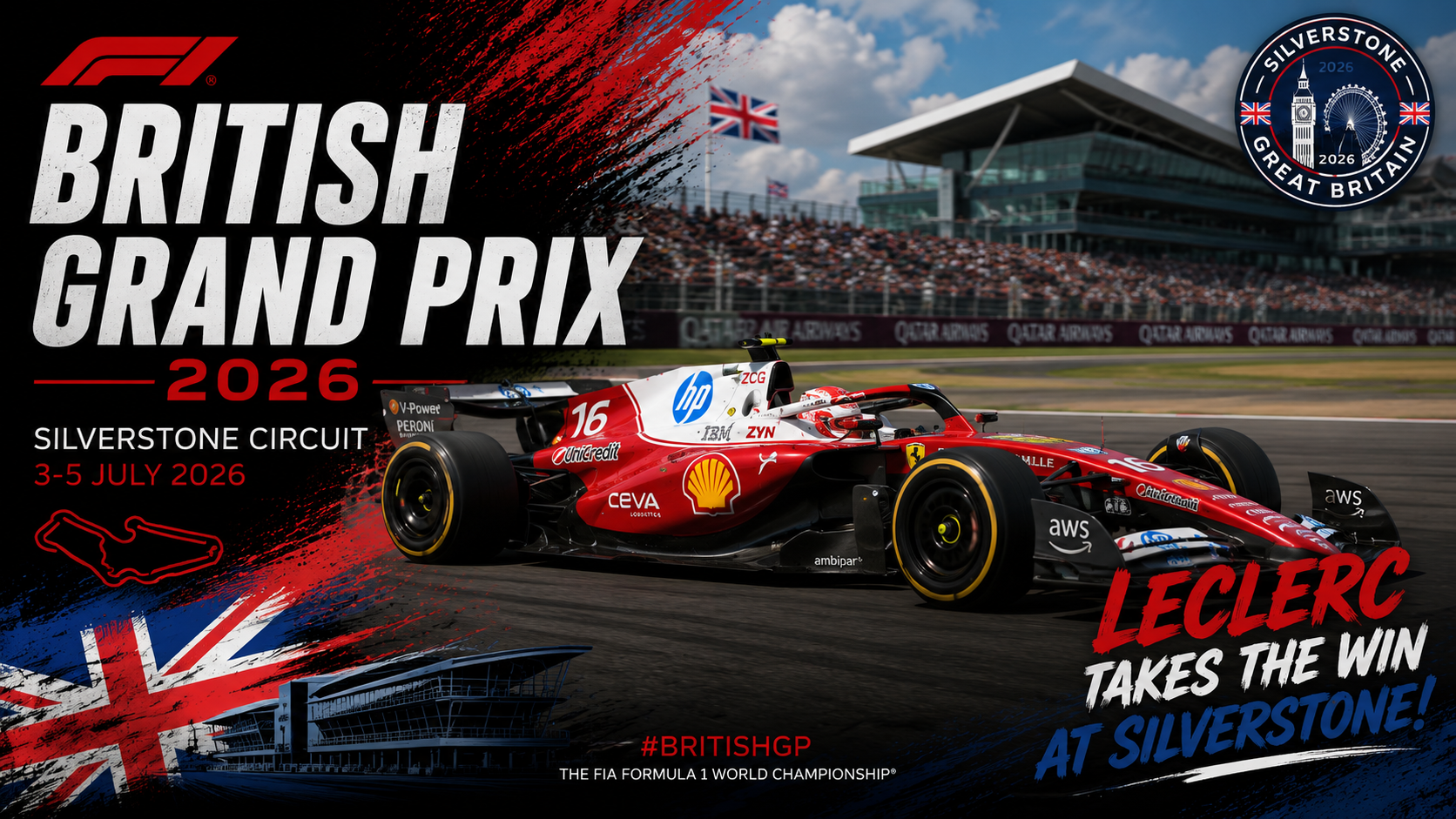Grand Prix van Groot-Brittannië 2026: Leclerc wint chaotische race op Silverstone